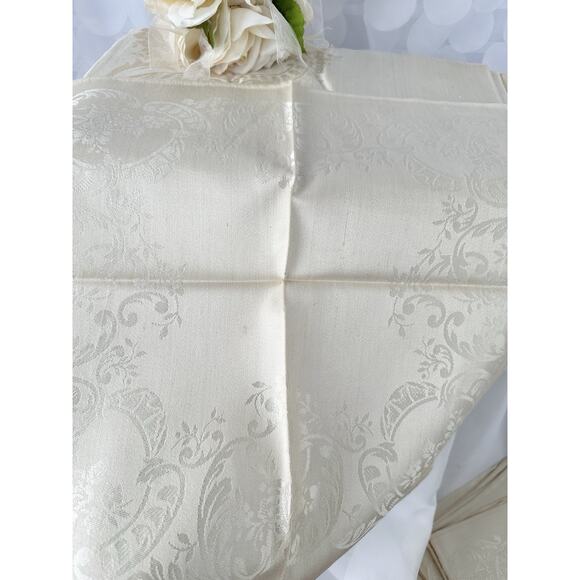 Vtg Beige Linen Double Damask Tablecloth Napkins Floral Garlands Acanthus Leave - Picture 7 of 16